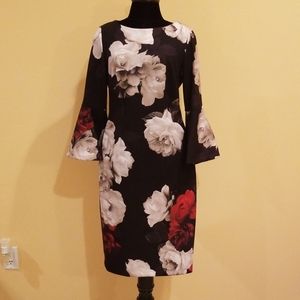 Calvin Klein Black Floral Print Bell Sleeve Dress